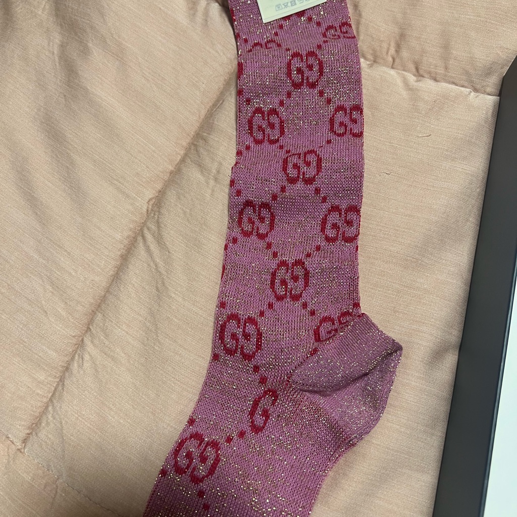 Gucci Pink Glitter Gg Knit Crew Socks